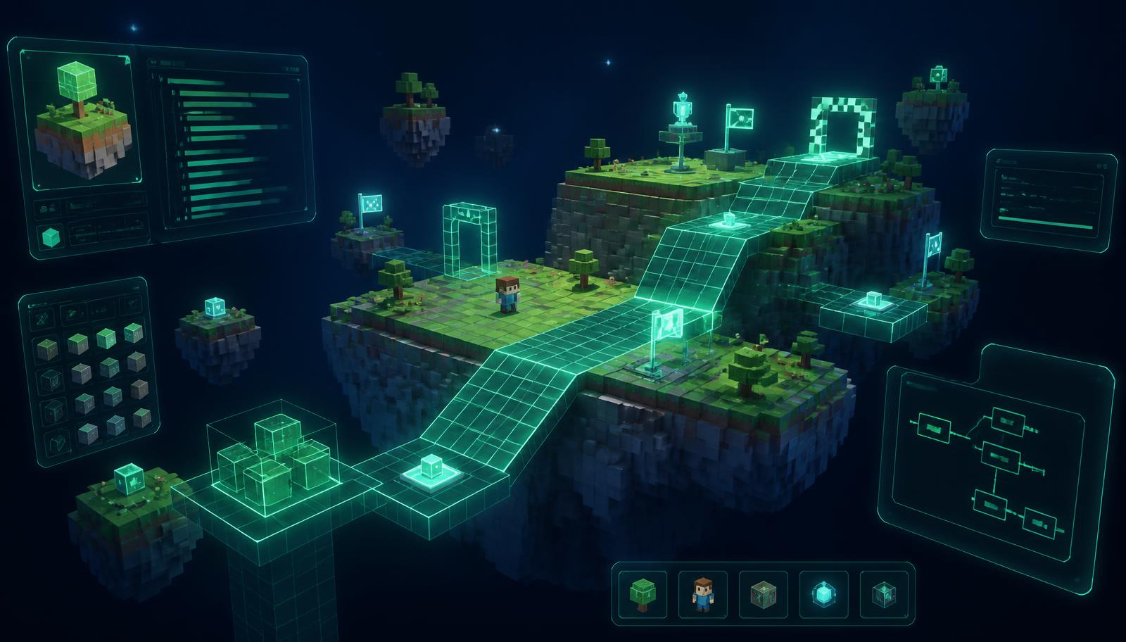 Voxel-Spielwelt mit Roblox-Studio-Oberflächen im Neon-Look